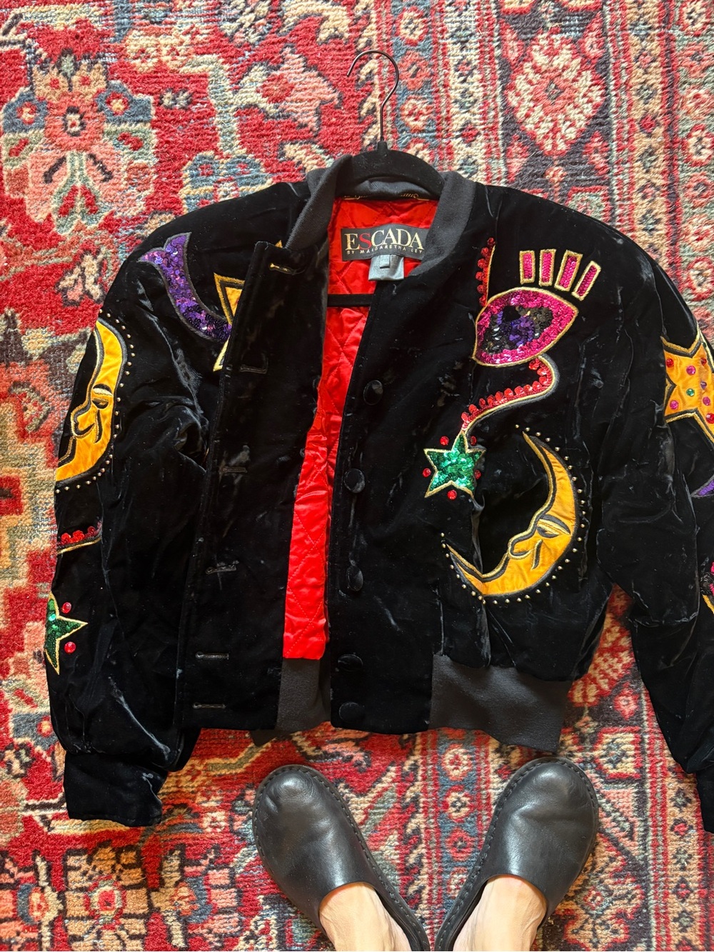 Escada Black Velvet Jacket with Red Quilted Lining and Gold Chain Detail